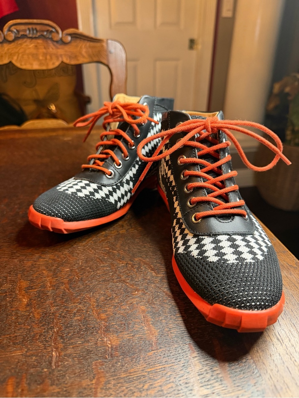 John Fluevog Future Nebula Sporty Lace-Up Booties - Vegan Houndstooth Orange M4